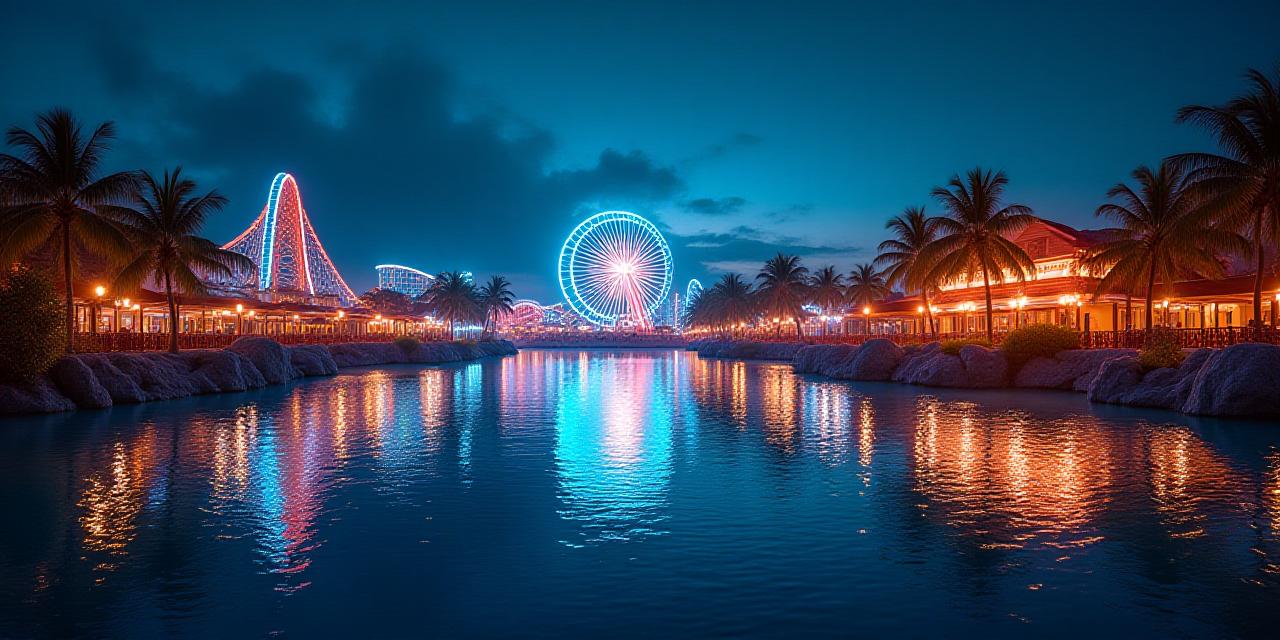 Widok panoramiczny na oświetlony park rozrywki nocą