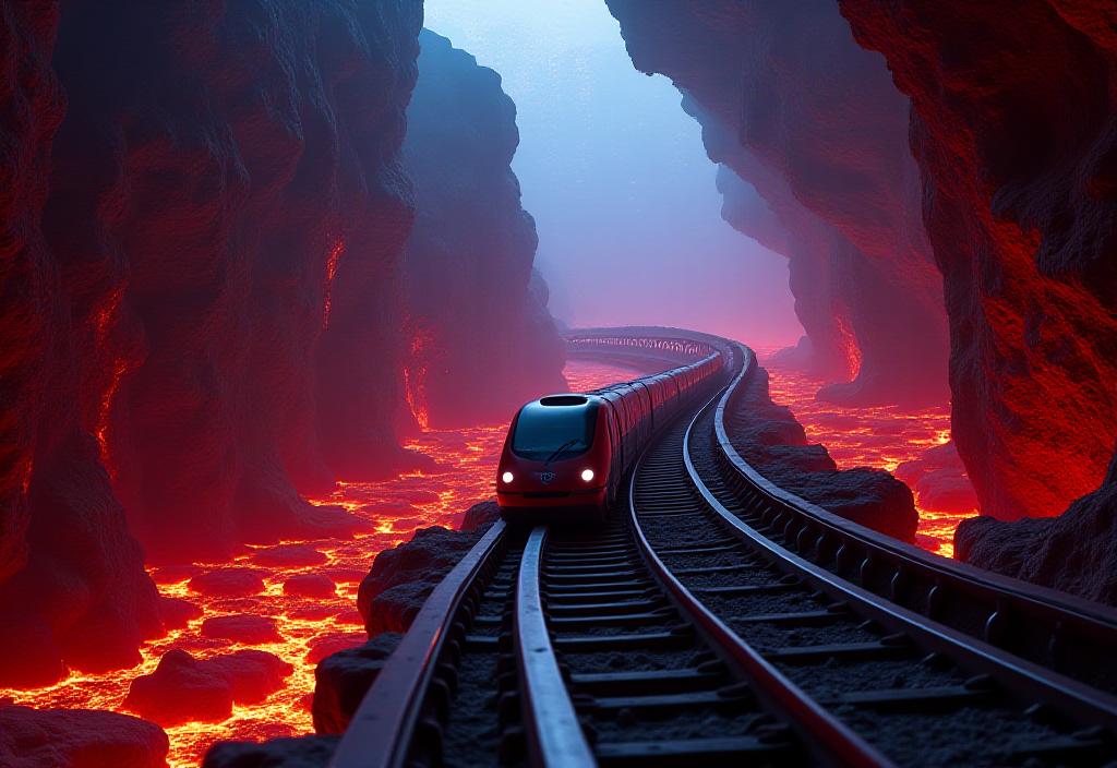  Rollercoaster przejeżdżający przez wnętrze wulkanu