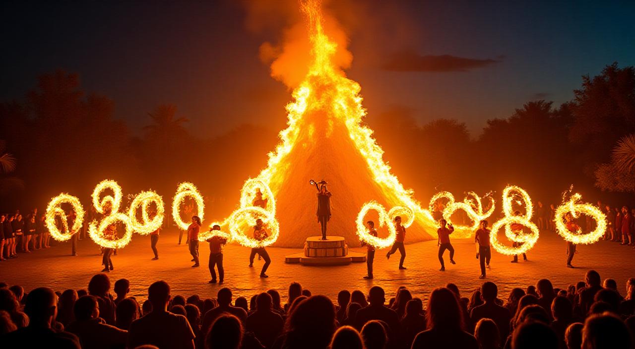 Wielki pokaz ognia na tle nocnego nieba w Wyspiarskie Krainy Rozrywki