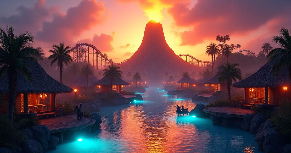 Widok panoramiczny na park rozrywki Wyspiarskie Krainy Rozrywki z wulkanem w tle